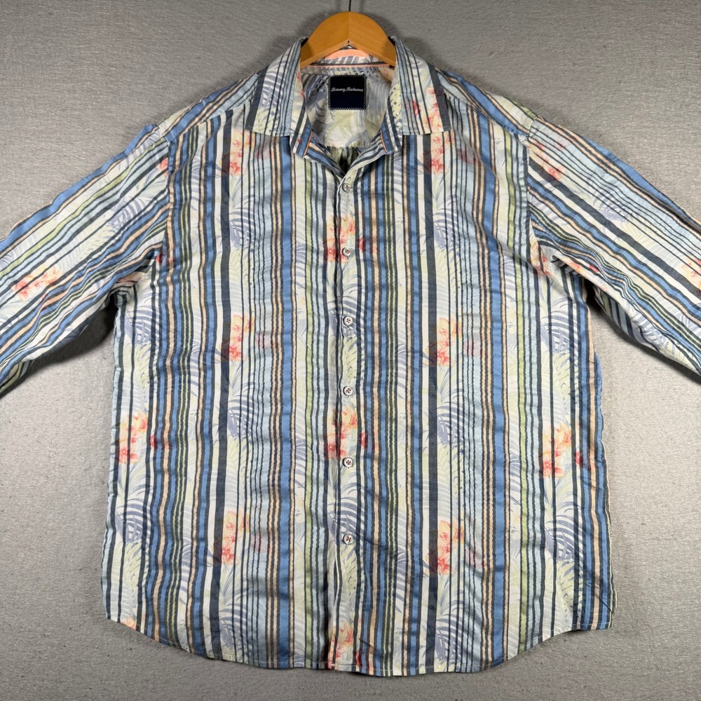 Tommy Bahama Mens XL Blue Striped Tropical Floral Long Sleeve Button Front Shirt - Picture 3 of 12